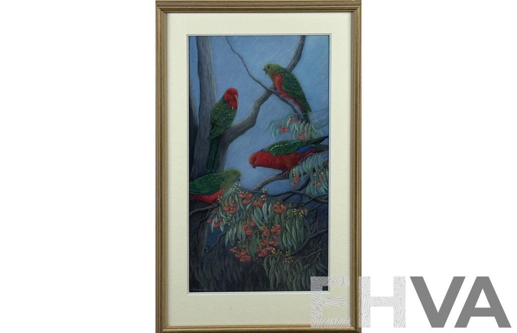 Jacqui King, (20th Century, Australian), Australian King Parrots, Original Pastel, 68 x 42 cm (frame)