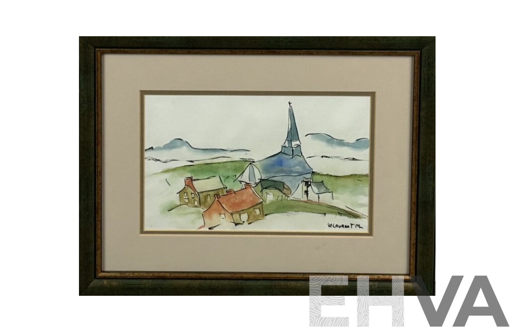 Artist Unknown (20th Century, French-Canadian), L'Eglise [The Church], Ink & Watercolour, 32 x 42 cm (frame)