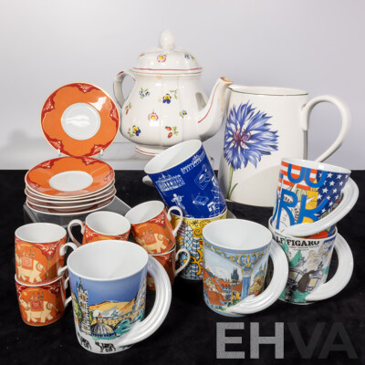 Collection Porcelain Comprising Set Six Rosenthal City Cups by Solveig Samhaber, Set Six Rosenthal Demitasse Duos, V & B Jug in Flora Pattern and More