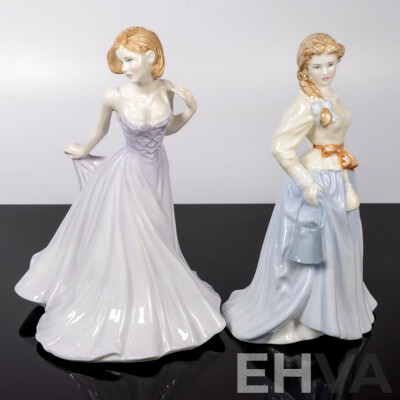 Pair Royal Doulton Porcelain Lady Figures Comprising Fair Maid HN 4222 in the Country Maid Collection & Claudia in the in Vogue Series, HN 4320