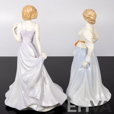 Pair Royal Doulton Porcelain Lady Figures Comprising Fair Maid HN 4222 in the Country Maid Collection & Claudia in the in Vogue Series, HN 4320