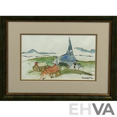 Artist Unknown (20th Century, French-Canadian), L'Eglise [The Church], Ink & Watercolour, 32 x 42 cm (frame)