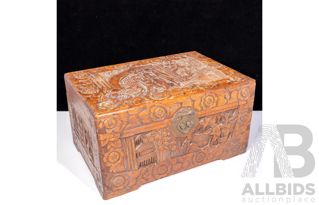Vintage Chinese Camphor Wood Lidded Box with Carved Scenes to Top, Front & Sides