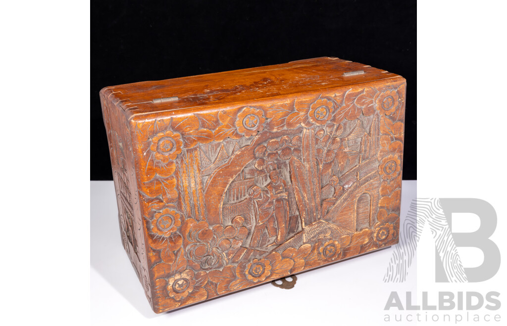 Vintage Chinese Camphor Wood Lidded Box with Carved Scenes to Top, Front & Sides