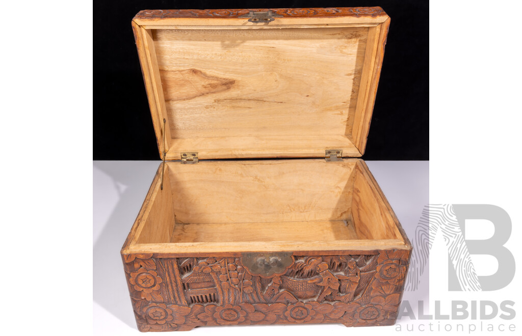 Vintage Chinese Camphor Wood Lidded Box with Carved Scenes to Top, Front & Sides