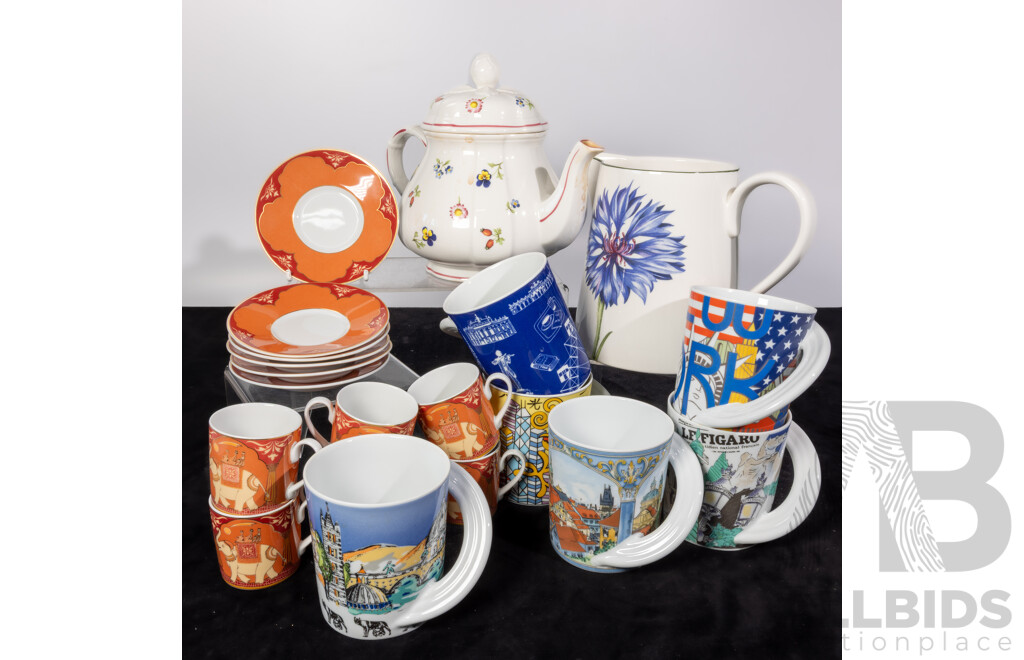 Collection Porcelain Comprising Set Six Rosenthal City Cups by Solveig Samhaber, Set Six Rosenthal Demitasse Duos, V & B Jug in Flora Pattern and More