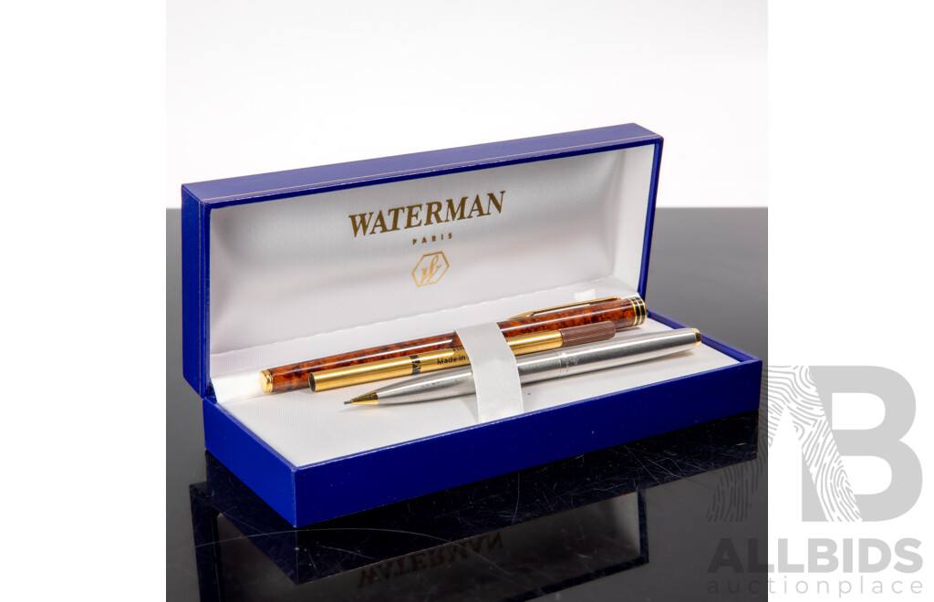 Waterman Lidded Ballpoint Pen in Original Box Long with Parker 45 Retracting Pencil