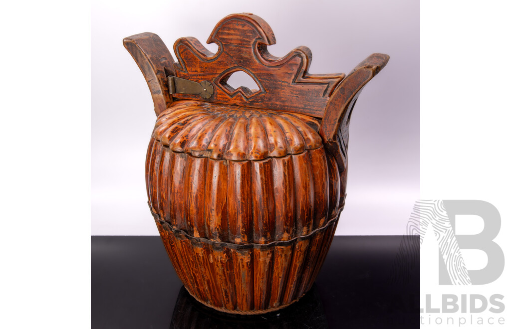 Large Chinese Wooden Gourd Form Lidded Container