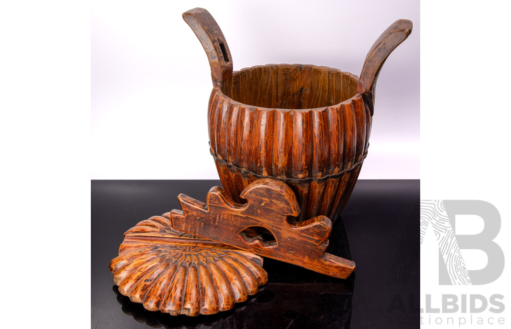Large Chinese Wooden Gourd Form Lidded Container