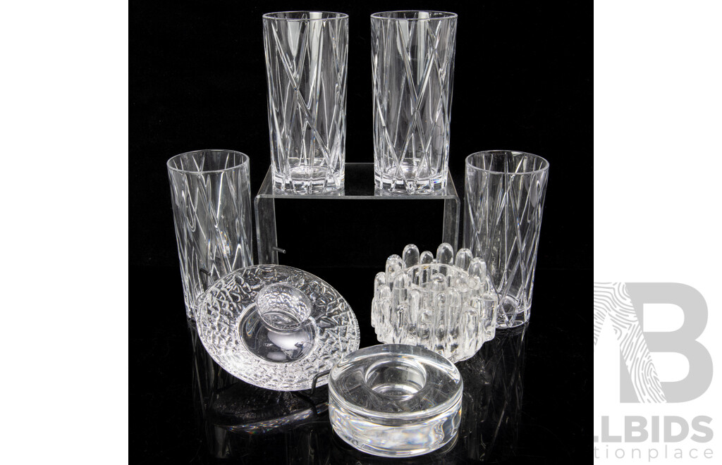 Collection Seven Mid Century Swedish Orrefors Items Comprising Three Different Votives and Set Four Tumblers