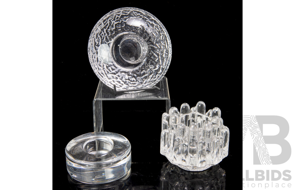 Collection Seven Mid Century Swedish Orrefors Items Comprising Three Different Votives and Set Four Tumblers