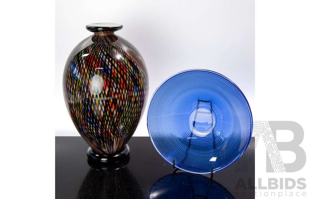 Mid Century Style Heavy Art Glass Vase Along with Blue Glass Bowl