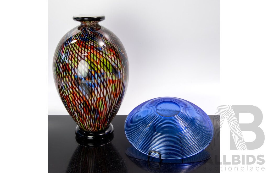 Mid Century Style Heavy Art Glass Vase Along with Blue Glass Bowl