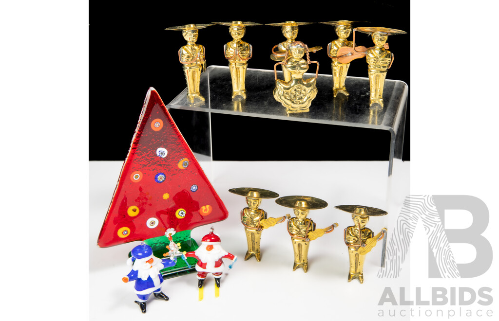 Set Nine Mid Century Mexican Brass Mariachi Band Figures Along with Murano Style Glass Christmas Tree and Two Glass Santa Figures