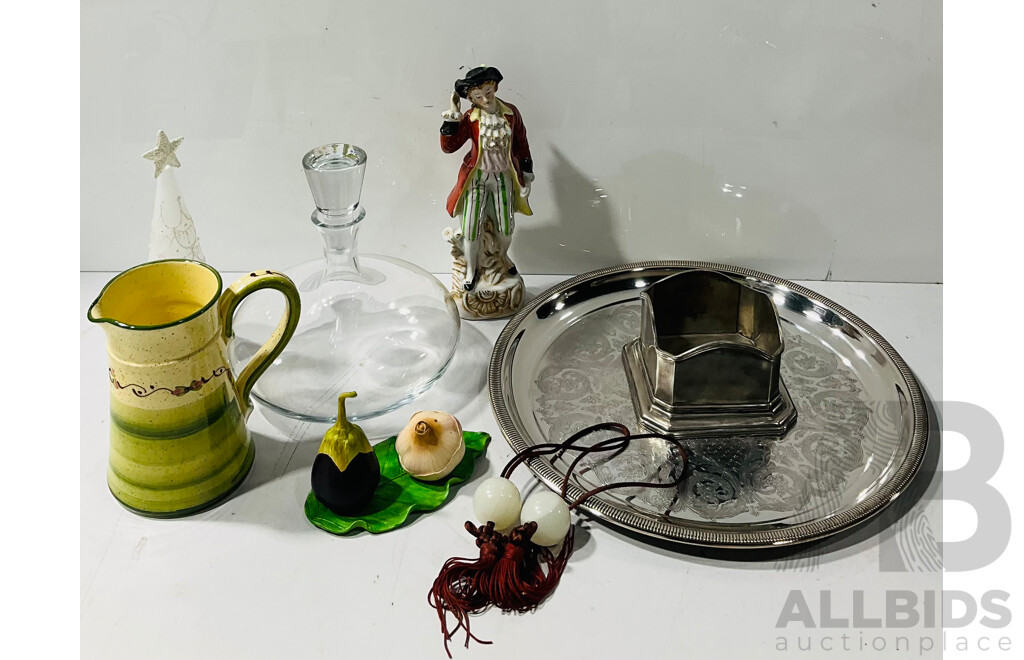 Collection Decorator Homewares Including Grosvenor Silver Plate Tray, French Valournio Jug, Antique Style Ceramic Figure and More