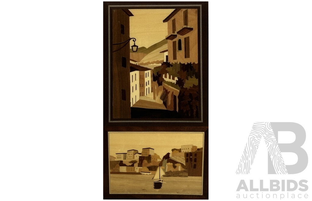 Artists Unknown, (20th Century) Village Road & Lone Sailboat, Handmade Italian Inlaid Wood Marquetry, 28 x 38 cm (largest) (2)