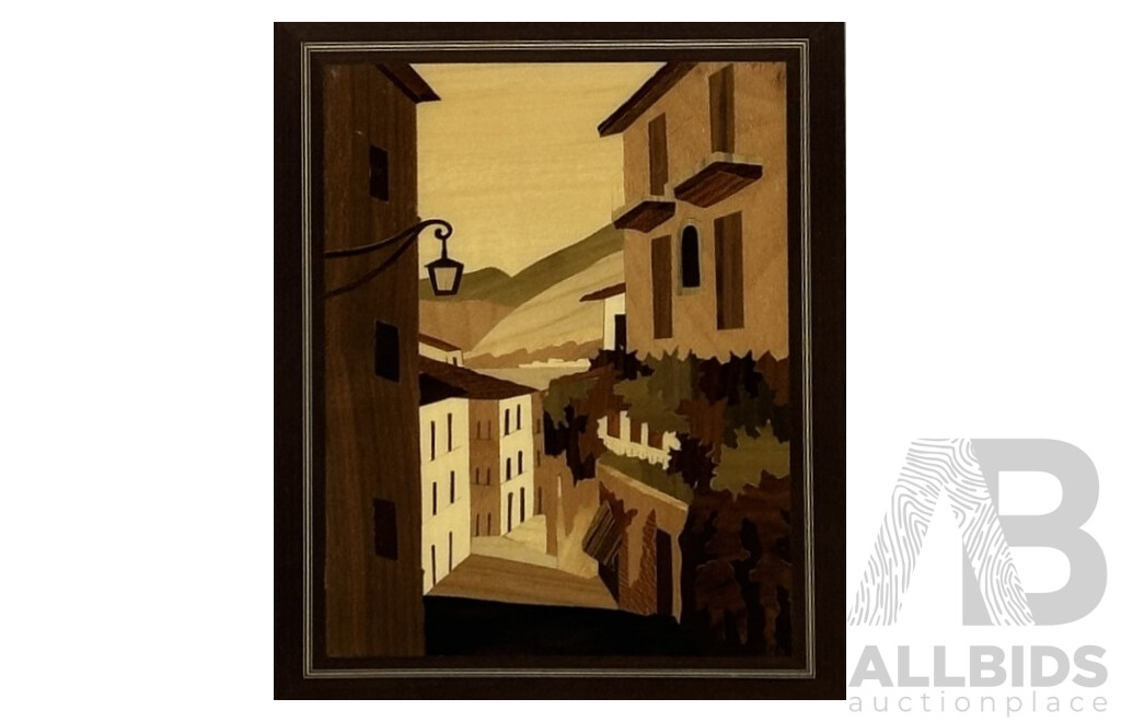 Artists Unknown, (20th Century) Village Road & Lone Sailboat, Handmade Italian Inlaid Wood Marquetry, 28 x 38 cm (largest) (2)