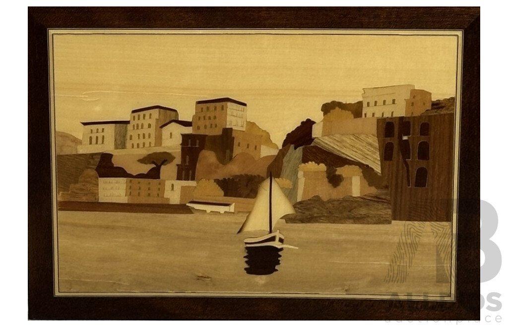Artists Unknown, (20th Century) Village Road & Lone Sailboat, Handmade Italian Inlaid Wood Marquetry, 28 x 38 cm (largest) (2)