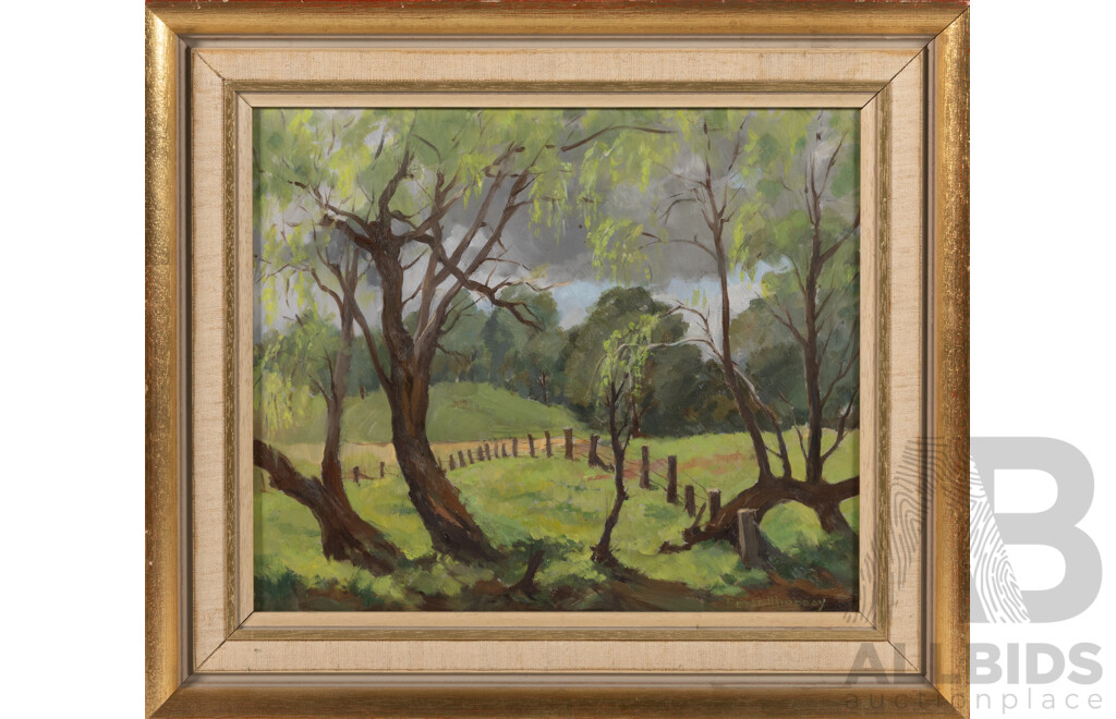 Peter Hammon Lindsay, (20th Century, Australian, 1908-1998), Willows in Spring, Catai, Oil on Canvas Board, 34.5 x 39.5 cm (frame)