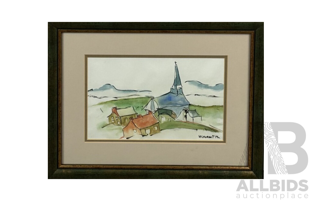 Artist Unknown (20th Century, French-Canadian), L'Eglise [The Church], Ink & Watercolour, 32 x 42 cm (frame)