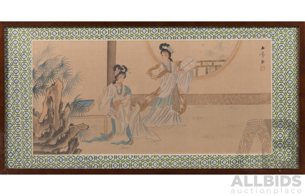 Artist Unknown, (Japanese School, 20th Century), Geisha Girls Practicing, Vintage Ink Wash & Watercolour on Silk Panel, 32 x 63 cm (frame)