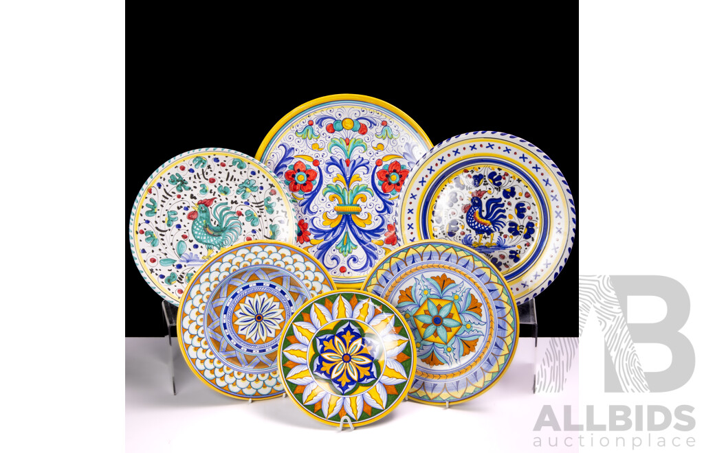 Collection Six Ceramic Bright Hand Painted Italian Deruta Display Plates