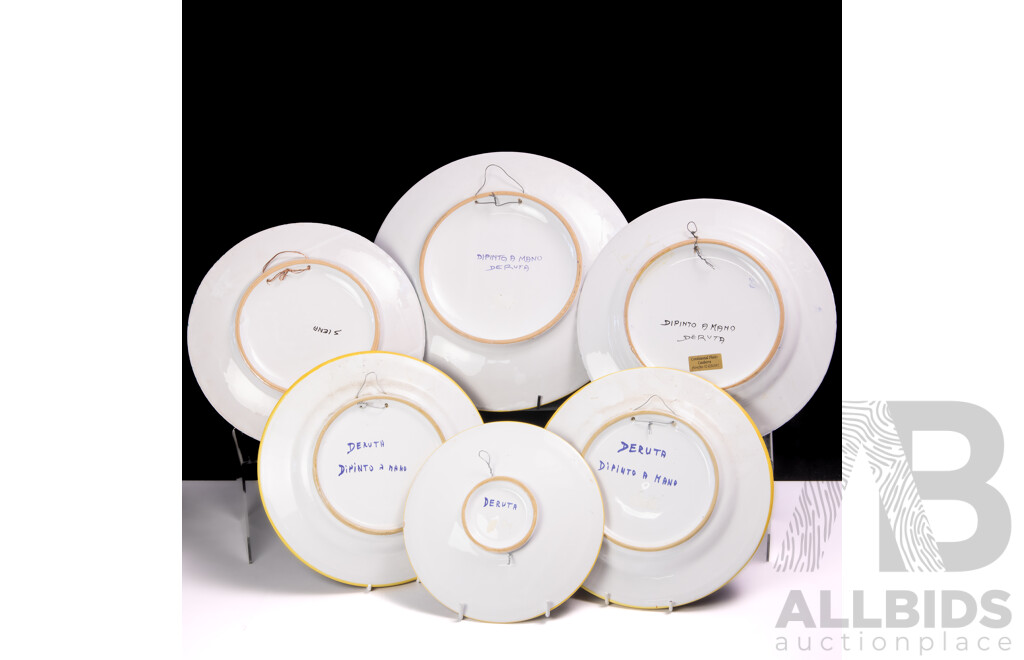 Collection Six Ceramic Bright Hand Painted Italian Deruta Display Plates