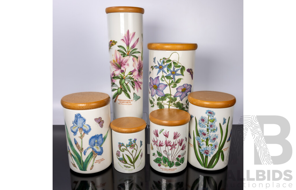 Collection Six Vintage Portmeirion  Ceramic Canisters with Wooden Lids in the Botanic Garden Series by Susan Williams Ellis