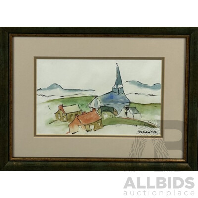 Artist Unknown (20th Century, French-Canadian), L'Eglise [The Church], Ink & Watercolour, 32 x 42 cm (frame)