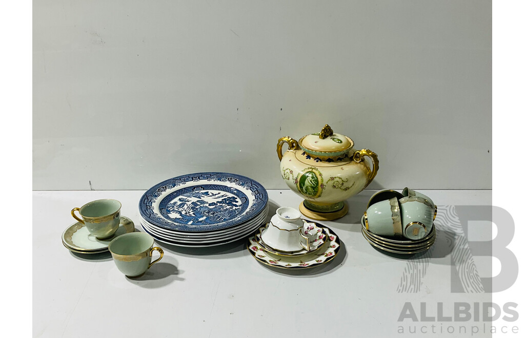 Collection Vintage Porcelain Including Five Blue and White Spode Examples, Westminster Porcelain, Crown Devon Lidded Vessel and More
