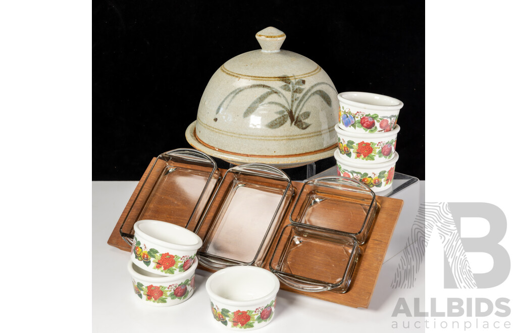 Collection Mid Century Pieces Comprising Danish Made Appetiser Set, Set Six Portmeirion Ramekins, Studio Pottery Cheese Dome