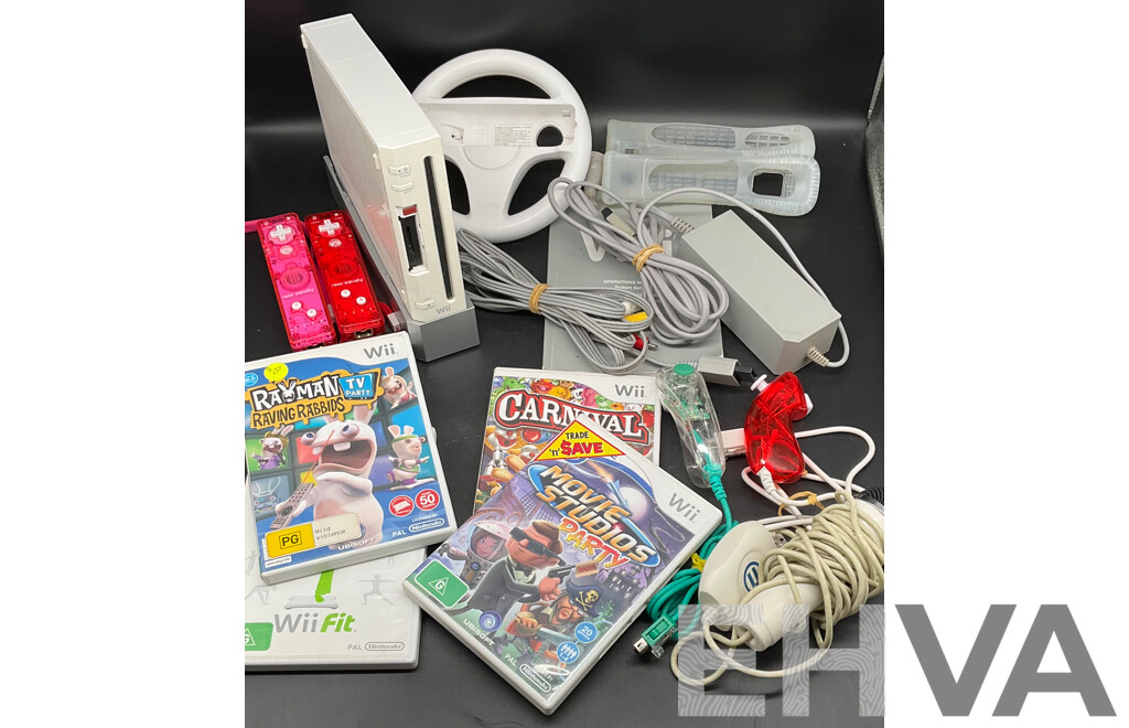 NINTENDO Wii Consoles (RVL-001), Games (x4), Controllers (x3), Nunchucks (x5), Cables and Assorted Accessories