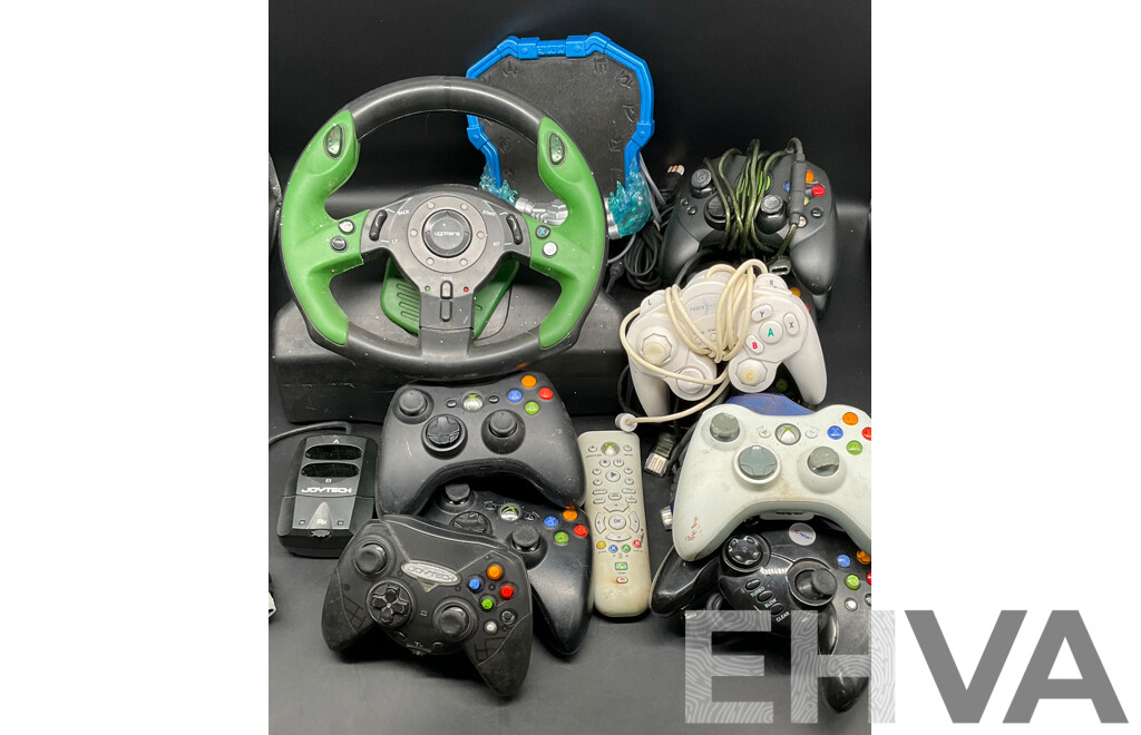 Assortment Xbox Controllers Including Xbox Steering Wheel, Skylanders Xbox Portal, Joytech Original Xbox Receiver, Xbox Remote Control and Wired and Wireless Controllers (x12)