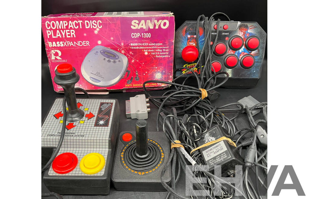 Assorted RETRO Video Games Joysticks and Sanyo CD Player - Lot of 4