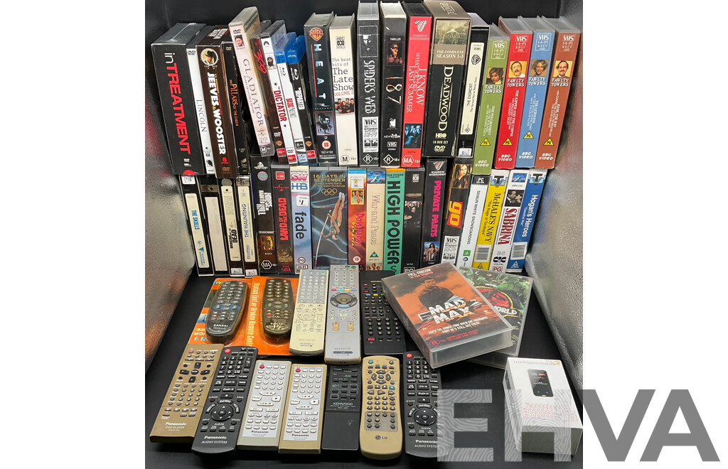 Collection Approx 29 VHS Tapes and 16 DVDs, Assorted Remote Controls