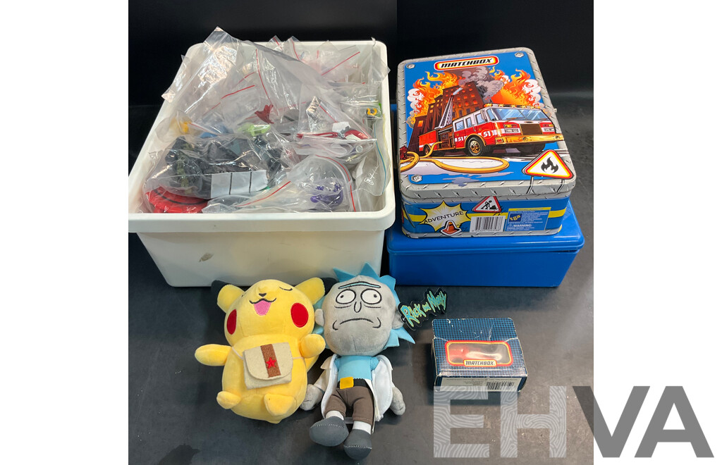 Assorted Action Figure Parts /Accessories & 2 Model Car Storage Box & More