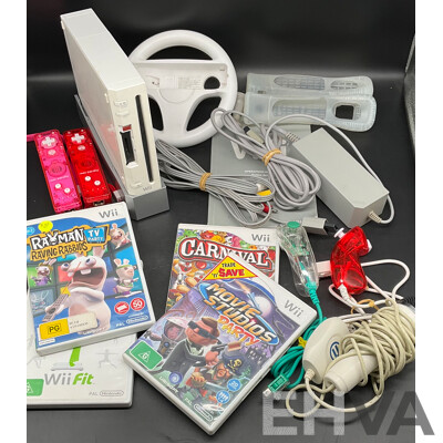 NINTENDO Wii Consoles (RVL-001), Games (x4), Controllers (x3), Nunchucks (x5), Cables and Assorted Accessories