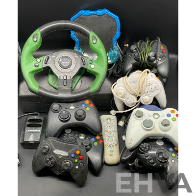 Assortment Xbox Controllers Including Xbox Steering Wheel, Skylanders Xbox Portal, Joytech Original Xbox Receiver, Xbox Remote Control and Wired and Wireless Controllers (x12)