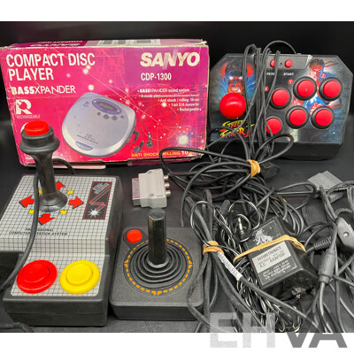 Assorted RETRO Video Games Joysticks and Sanyo CD Player - Lot of 4