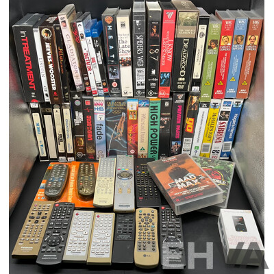 Collection Approx 29 VHS Tapes and 16 DVDs, Assorted Remote Controls