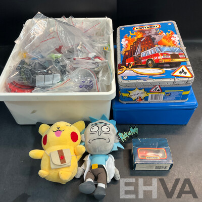 Assorted Action Figure Parts /Accessories & 2 Model Car Storage Box & More