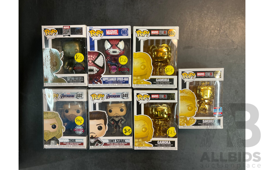 Collection of 7 Funko Pops From Marvel and Marvel Studios