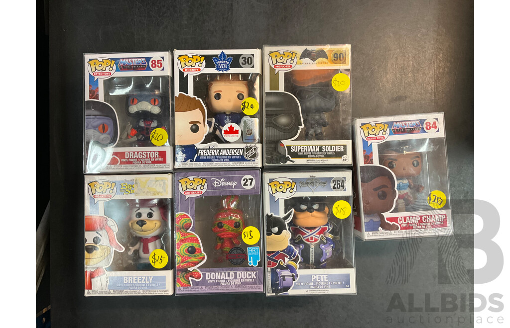 Collection of 7 Funko Pops From Disney, Breezly and Sneezly, Masters of the Universe, Batman V Superman, Toronto Maple Leafs and Kingdom Hearts