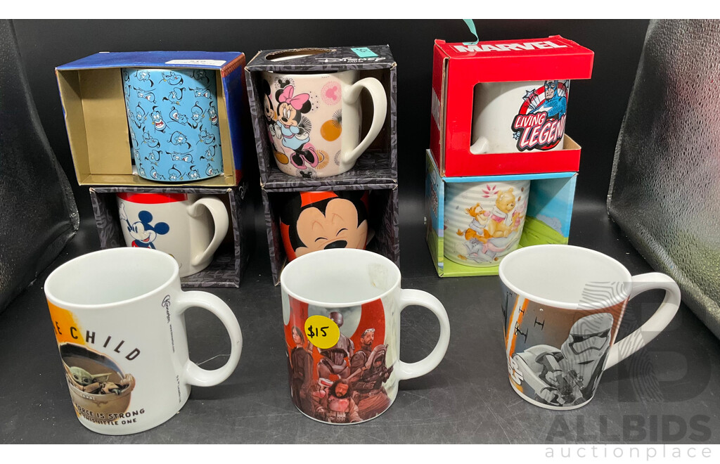 Assorted Collectable Mugs - Star Wars, Marvel, Mickey Mouse, and Other Disney Themed Decorations - Lot of 9