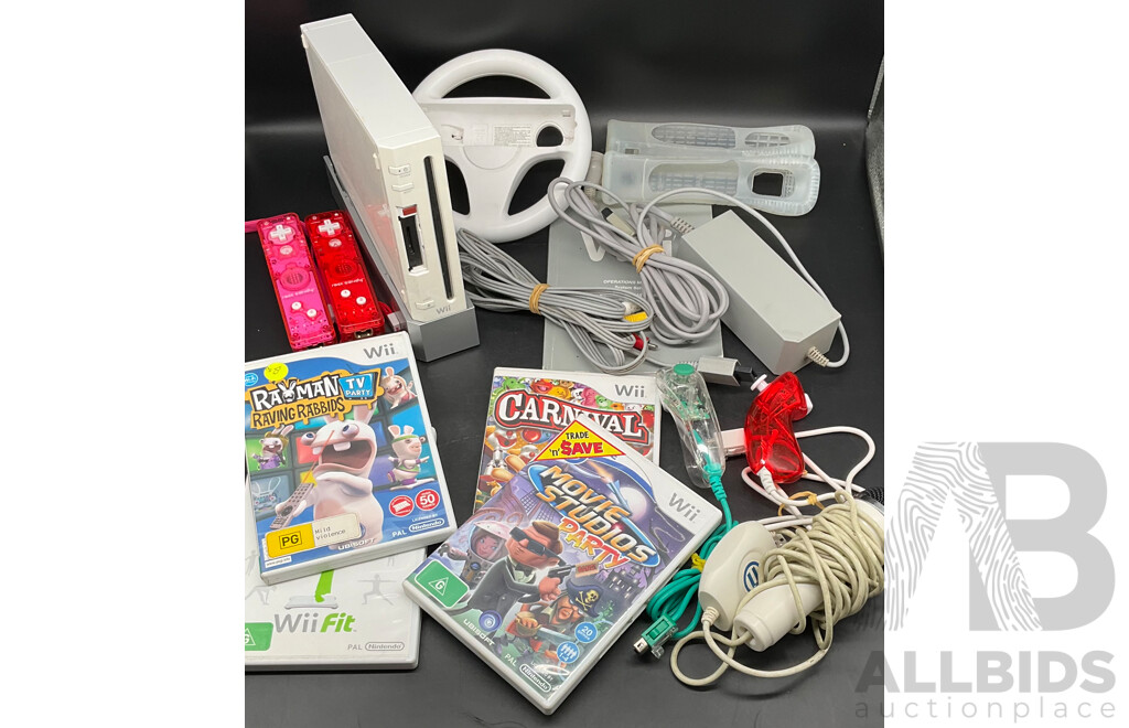 NINTENDO Wii Consoles (RVL-001), Games (x4), Controllers (x3), Nunchucks (x5), Cables and Assorted Accessories