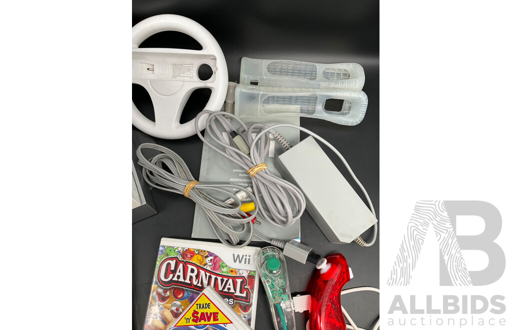 NINTENDO Wii Consoles (RVL-001), Games (x4), Controllers (x3), Nunchucks (x5), Cables and Assorted Accessories