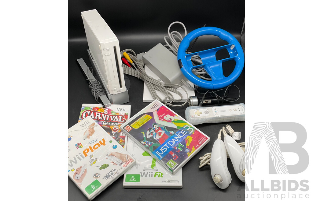 NINTENDO Wii Consoles (RVL-001), Games (x4), Controllers (x3), Cables and Assorted Accessories