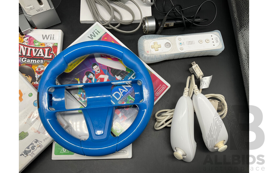 NINTENDO Wii Consoles (RVL-001), Games (x4), Controllers (x3), Cables and Assorted Accessories
