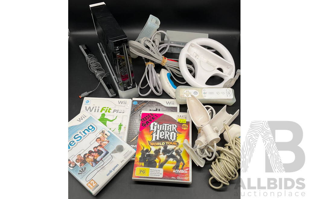 NINTENDO Wii Consoles (RVL-001), Games (x4), Controllers (x3), Cables and Assorted Accessories