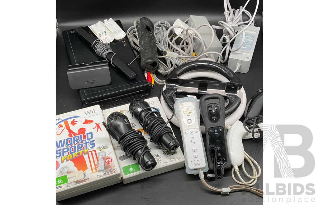 NINTENDO Wii Consoles (WUP-101(04) 32GB, Games (x5), Controllers (x3), Cables and Assorted Accessories